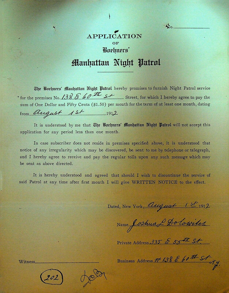 Boehners Manhattan Night Patrol Signed Contract 1912 Joshua Dolowiser E 6oth St