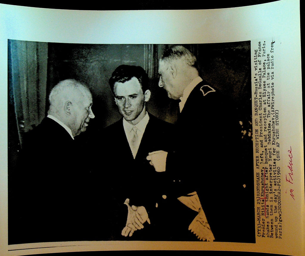 Nikita Khrushchev Wire Photo 1960 Charles de Gaulle France Shaking Hands0