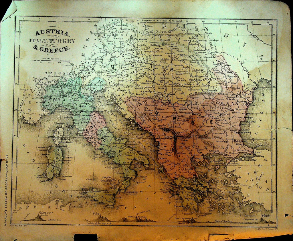McNally's System of Geography 1860s Map 28 Austria Italy Turkey Greece0