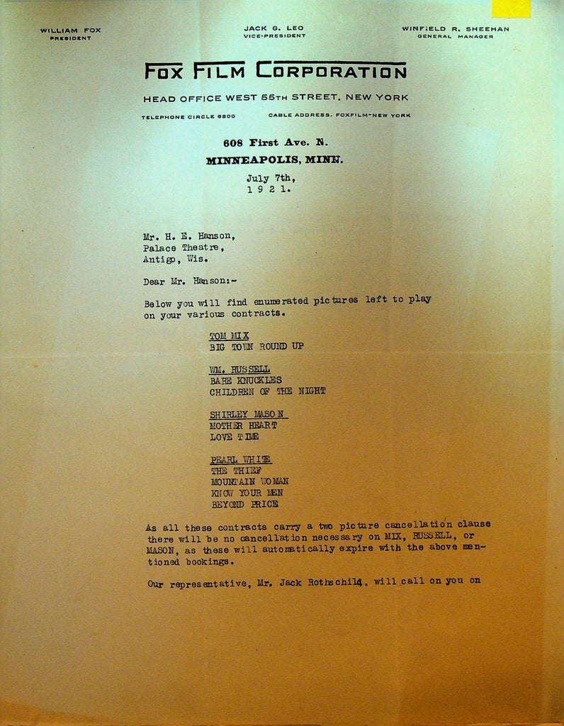 Fox Film Letterhead July 7 1921 Tom Mix Shirley Mason Pearl White Wm Russell0