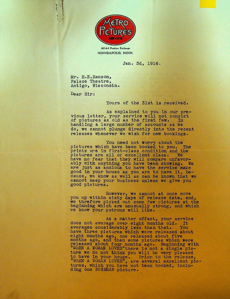 Metro Pictures Letterhead January 3 1916 When a Woman Loves Francis Bushman0