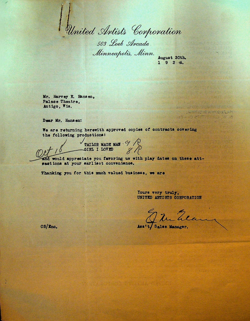 United Artists Letterhead August 30 1924 Girl I Loved Tailor Made Man0