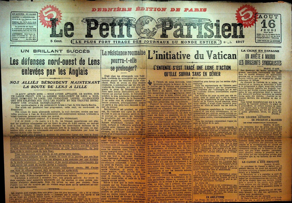 Le Petit Parisien WWI Newspaper France August 16 1917 The Vatican Lens