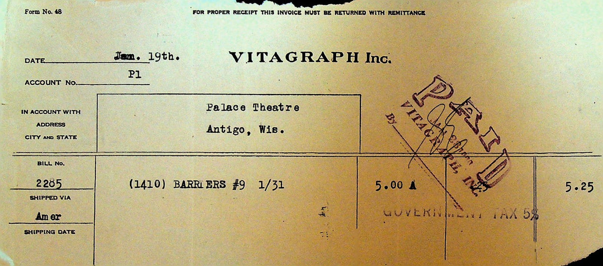 Vitagraph Invoice 1920s Barriers 9 Silent Film – Papergoy