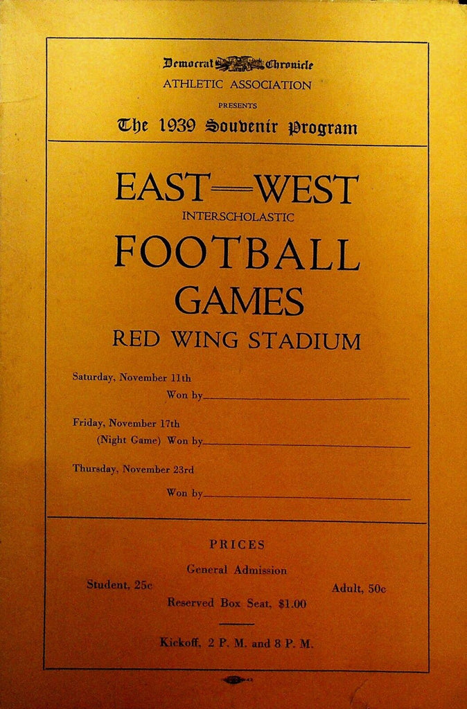 Rochester NY East West Interscholastic Football Games Program 1939