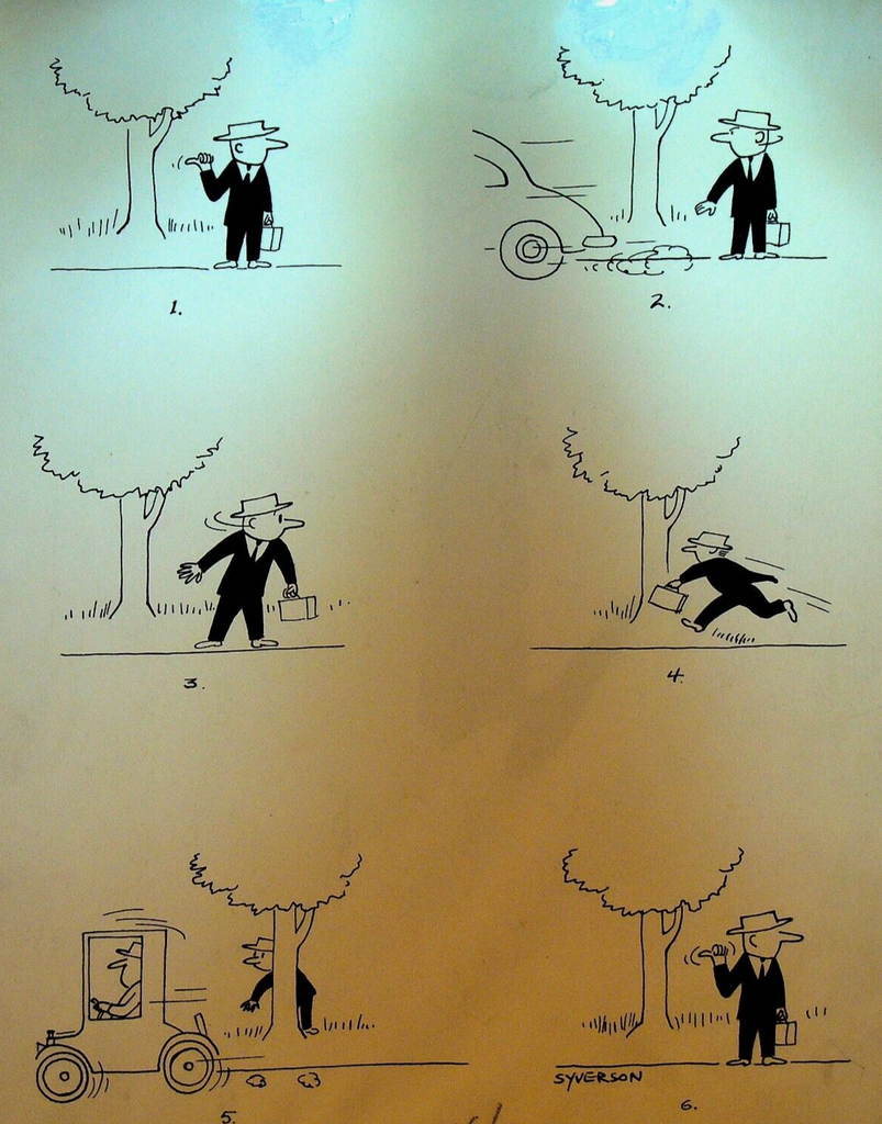 Henry S Syverson Original Art Hitchhiking Man Hide Behind Tree Old Car