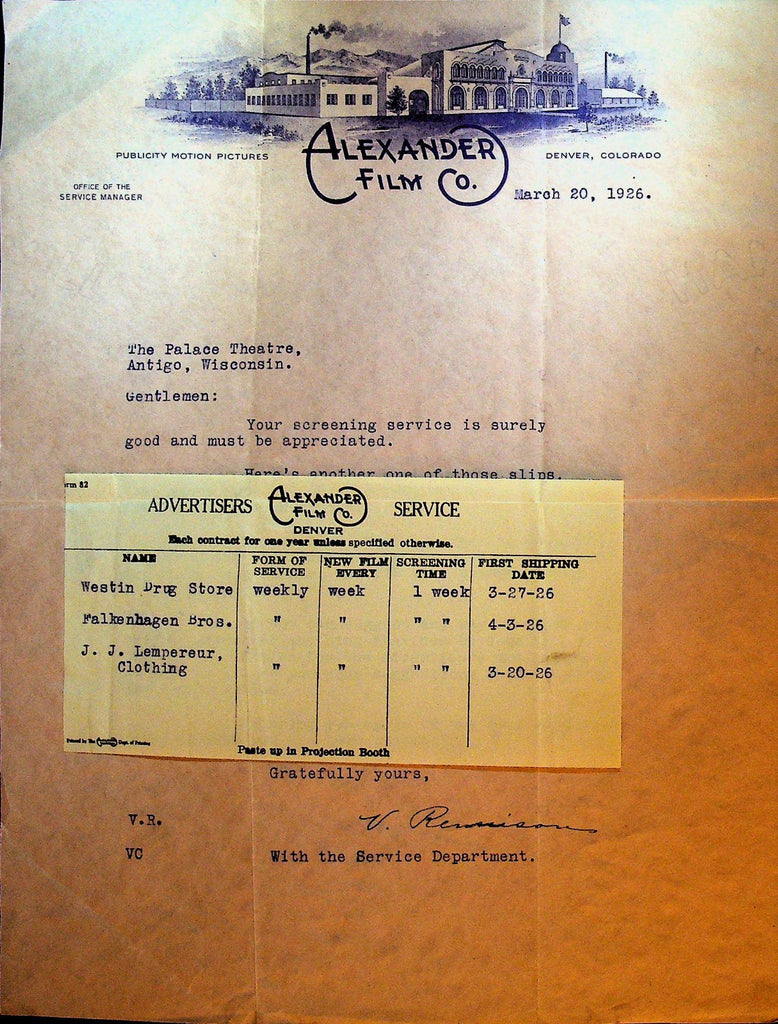 Alexander Film Letterhead March 20 1926 Falkenhagen Bros Westin Drug Store0
