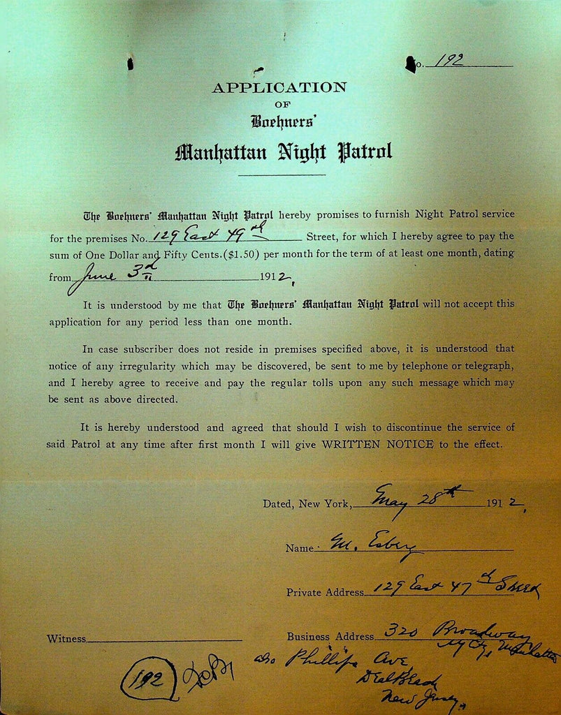 Boehners Manhattan Night Patrol Signed Contract 1912 129 East 49th St NYC
