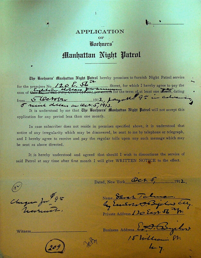 Boehners Manhattan Night Patrol Signed Contract 1912 120 E 56th St NYC