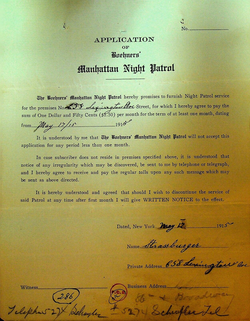 Boehners Manhattan Night Patrol Signed Contract 1915 Strassburger 658 Lexington