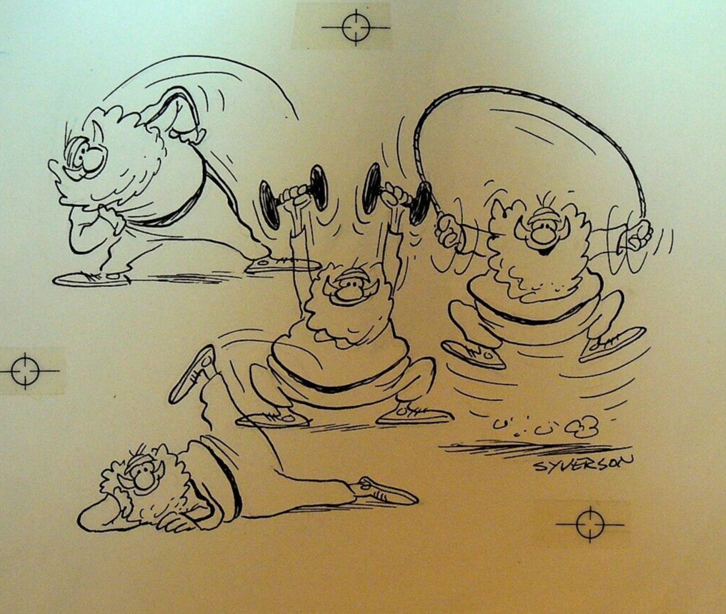 Henry S Syverson Original Art Santa Claus Workout Weights Jump Rope Stretching