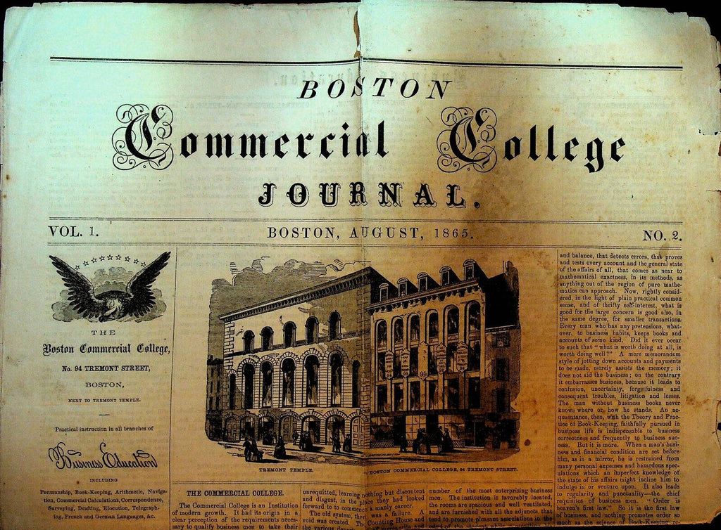 Boston Commercial College Journal August 1865 Abraham Lincoln Tribute Poem