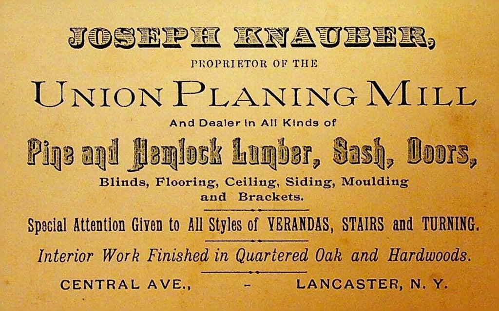 Joseph Knauber Lancaster NY 1800s Business Card Union Planing Mill