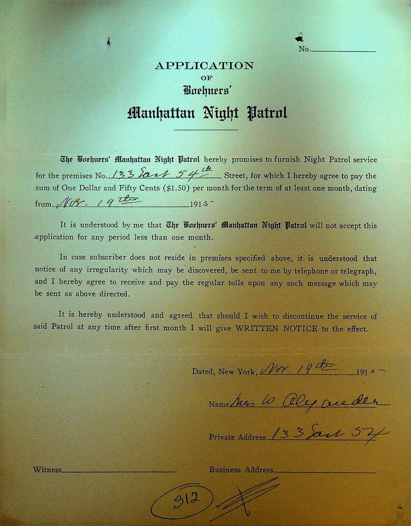 Boehners Manhattan Night Patrol Signed Contract 1915 Mrs W Alexander 133 E 54th