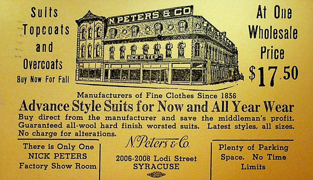 Nick Peters & Company Syracuse NY Postal Card 1939 Suits Topcoats Overcoats0