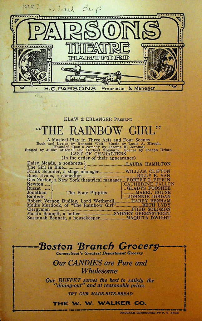 The Rainbow Girl & Mitzi Playbill 1919 Parsons Theatre Hartford0