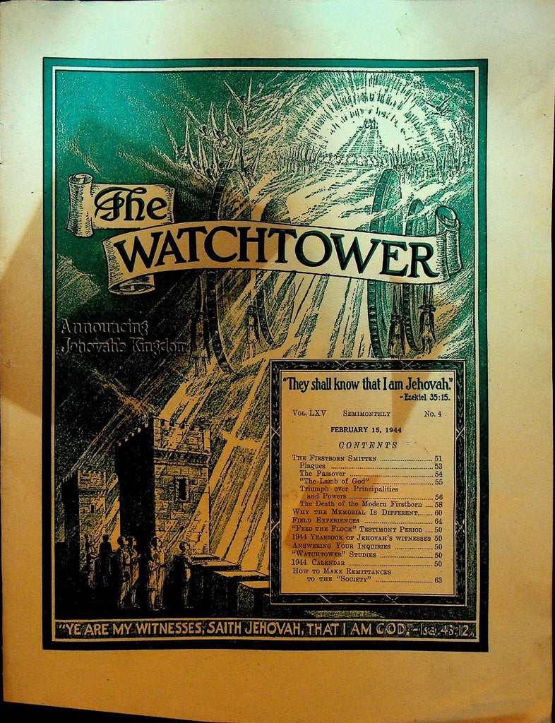 The Watchtower Magazine Jehovah's Witness February 15 1944 First Born Smitten0