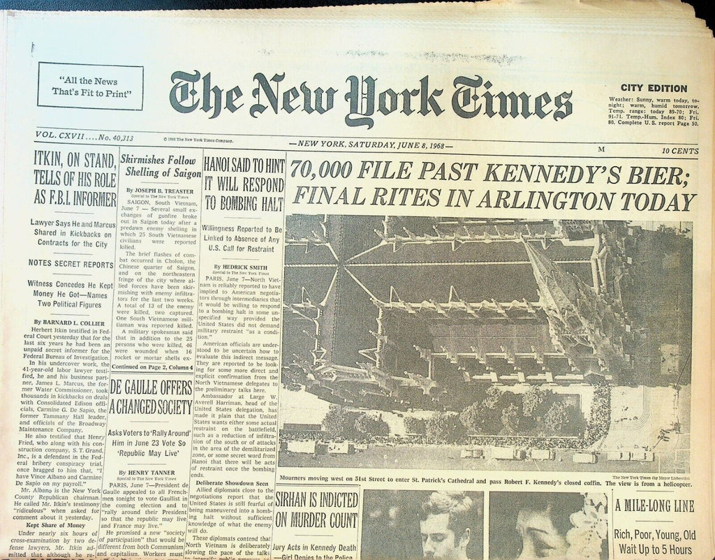 New York Times June 8 1968 RFK Assassination Vietnam War Herbert Itkin