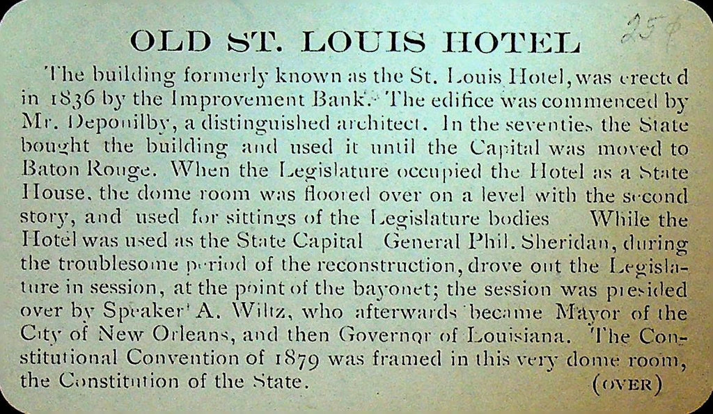 Old St Louis Hotel New Orleans Louisiana 1930s History Card JA Mercier0