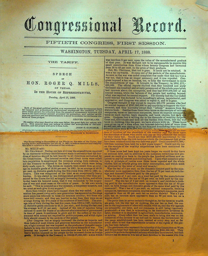 Congressional Record April 17 1888 Tariff Speech Roger Q Mills0