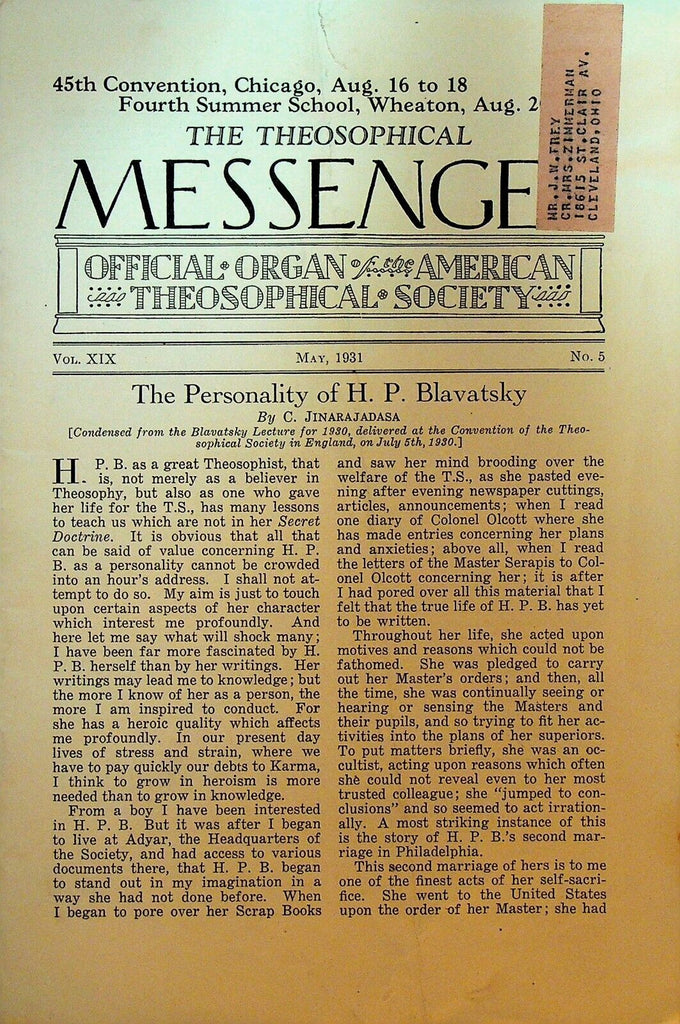 American Theosophical Messenger May 1931 HP Blavatsky C Jinarajadasa