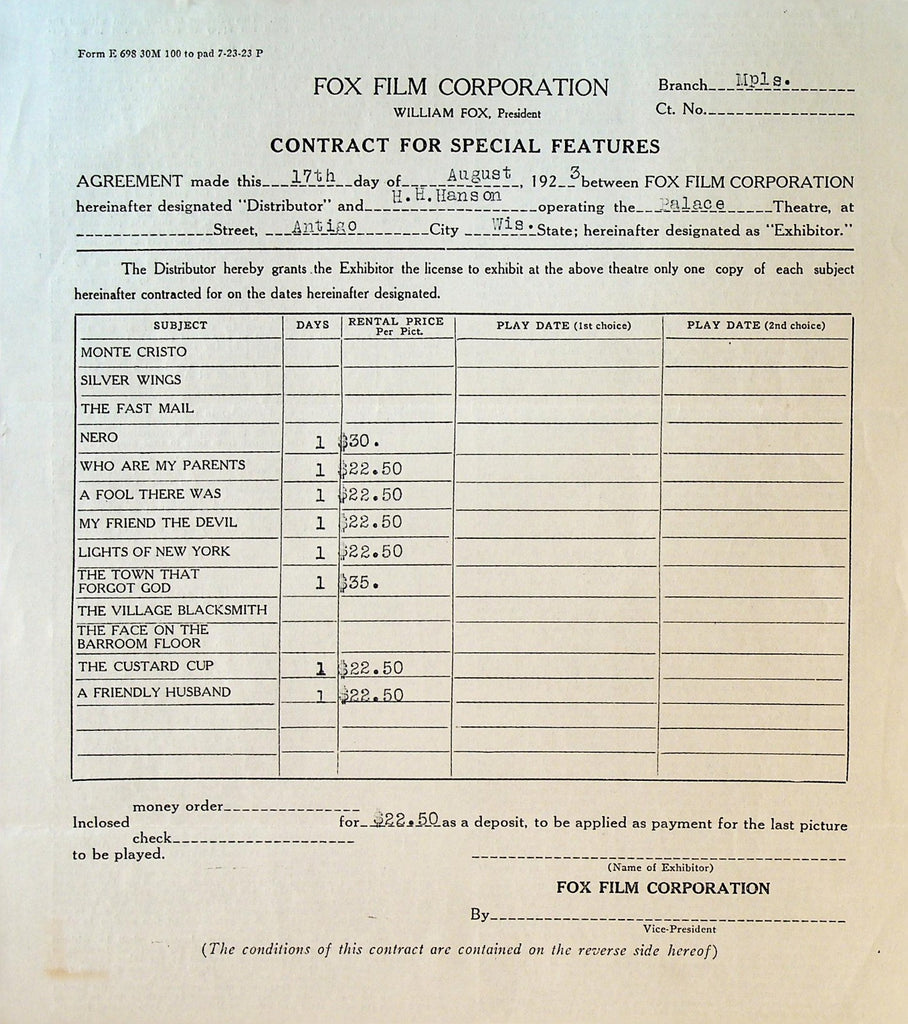 Fox Film Special Features Contract August 17 1923 My Friend the Devil Nero0
