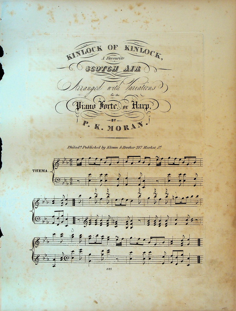 Kinlock of Kinlock A Favourite Scotch Air PK Moran ca 1820 Sheet Music0