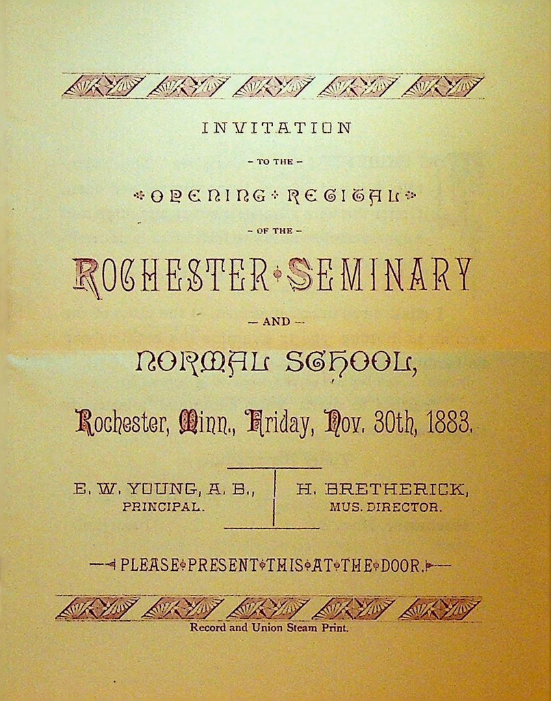 Rochester Minnesota Seminary & Normal School Opening Recital Invite 18830