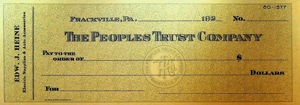 The People's Trust Company Unused Check 1920s Frackville Pa Heine