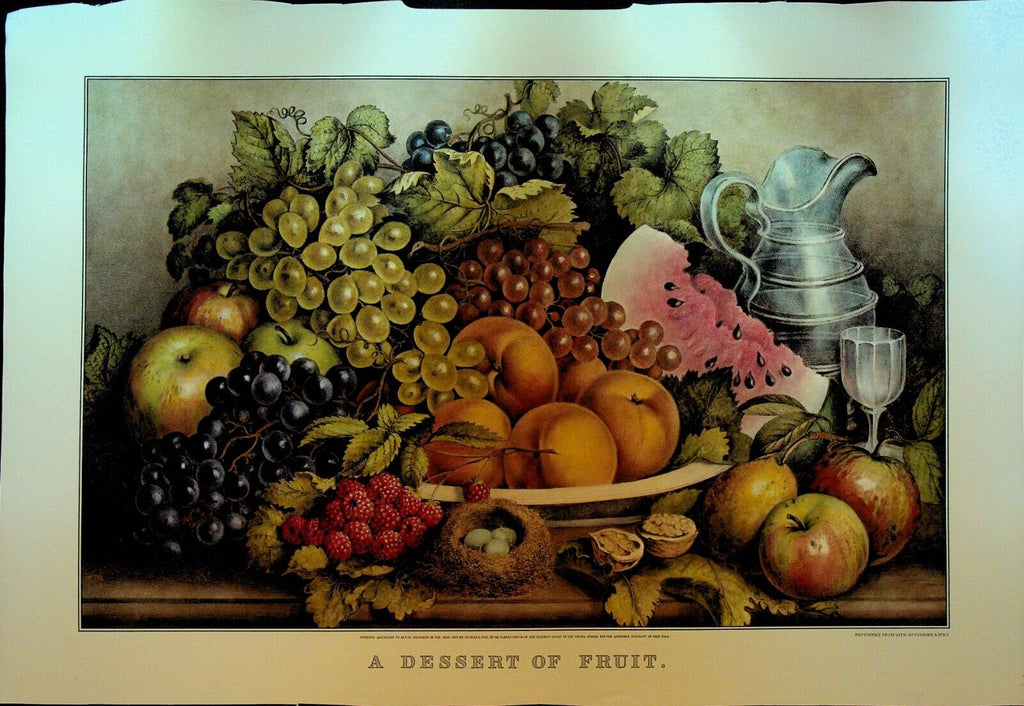 Currier & Ives Calendar Topper 1962 A Dessert of Fruit Grapes Apples