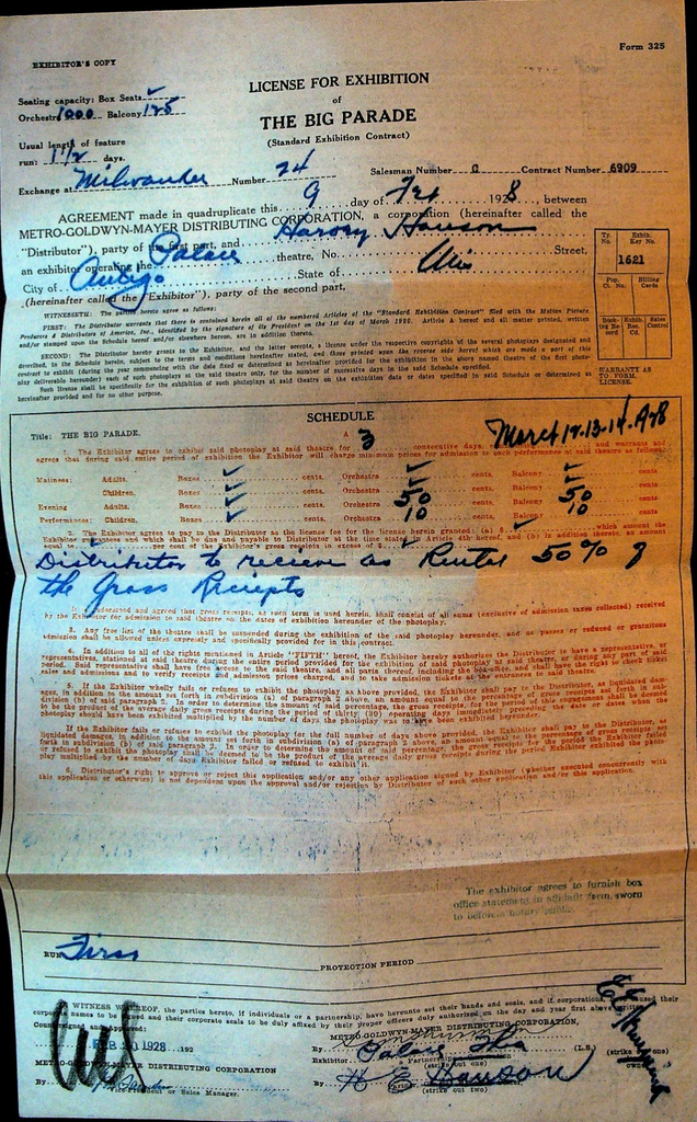 Metro Goldwyn Mayer License for Exhibition The Big Parade February 9 19280