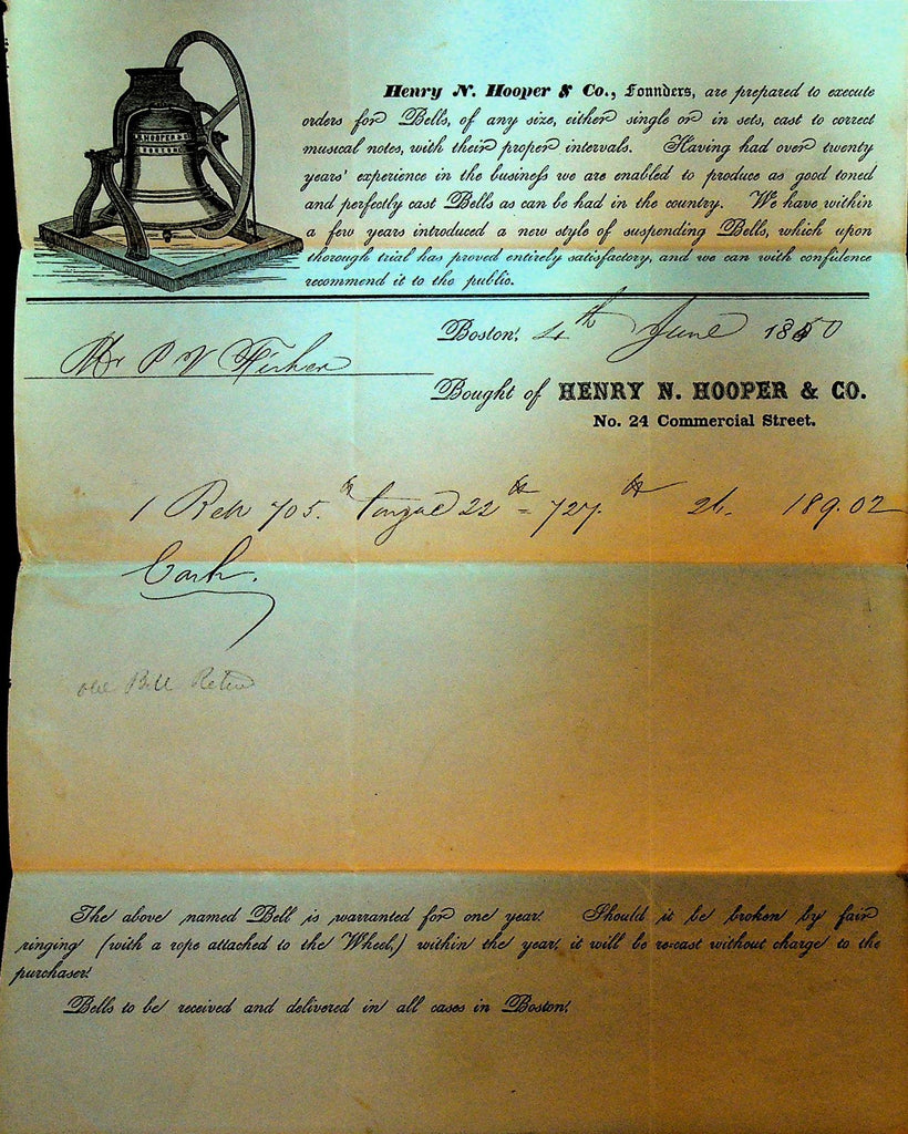 Henry H Hooper & Co 1850 Billhead & Stampless Letter Church Bell to Hartford Vt0