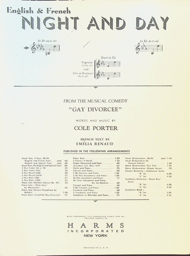 Night and Day Sheet Music English & French