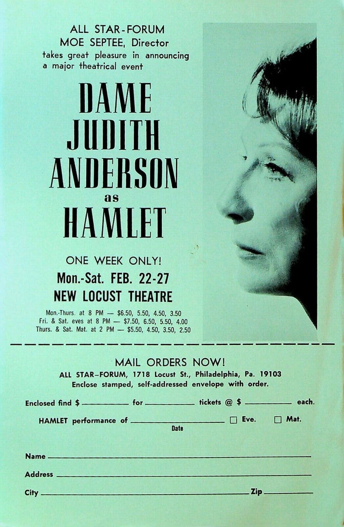 Hamlet Dame Judith Anderson Advertising Flyer February 22 1971 Philadelphia