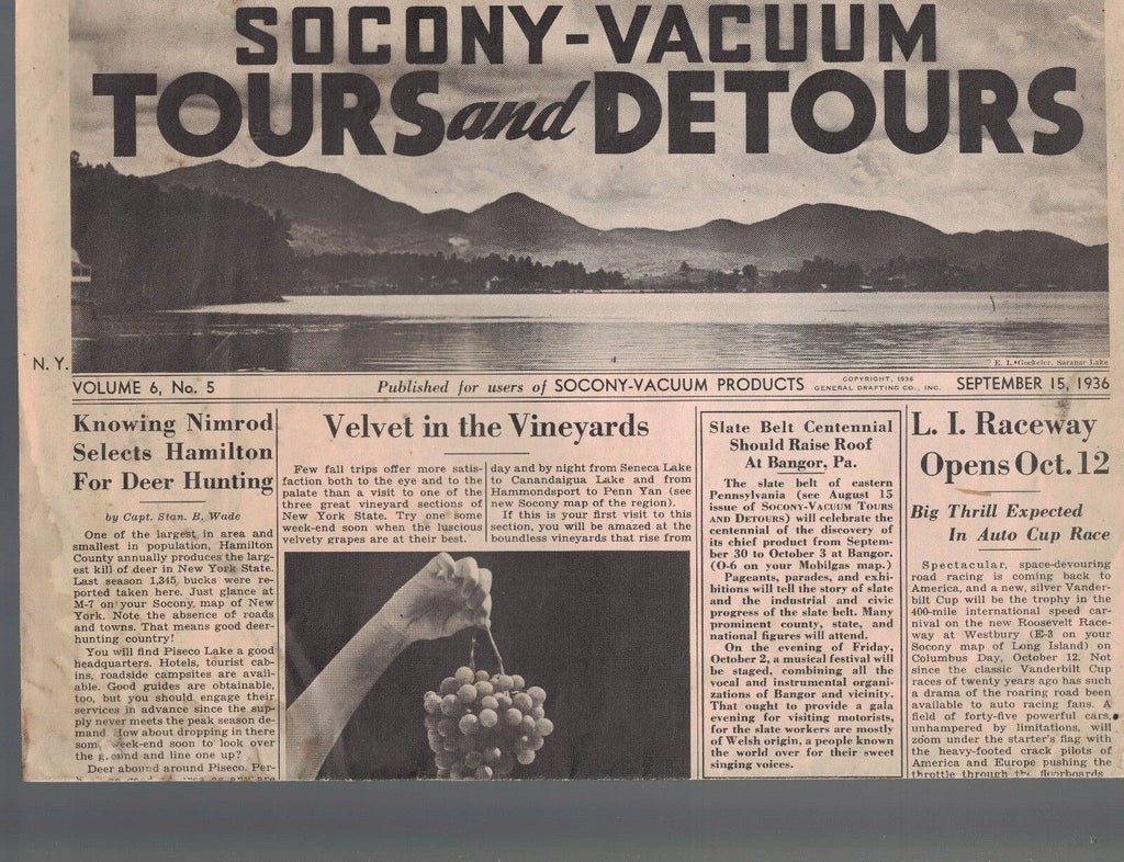 Socony-Vacuum Tours & Detours paper EXXON September 15 1936 Long Island Raceway