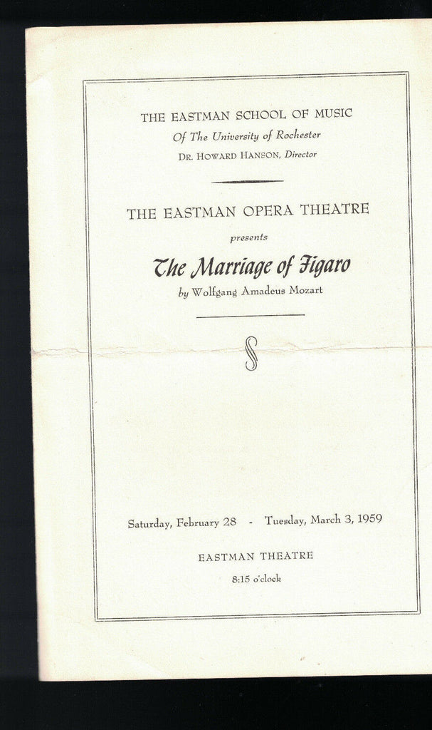 The Marriage of Figaro Program Eastman Opera Theatre February 1959 Rochester NY