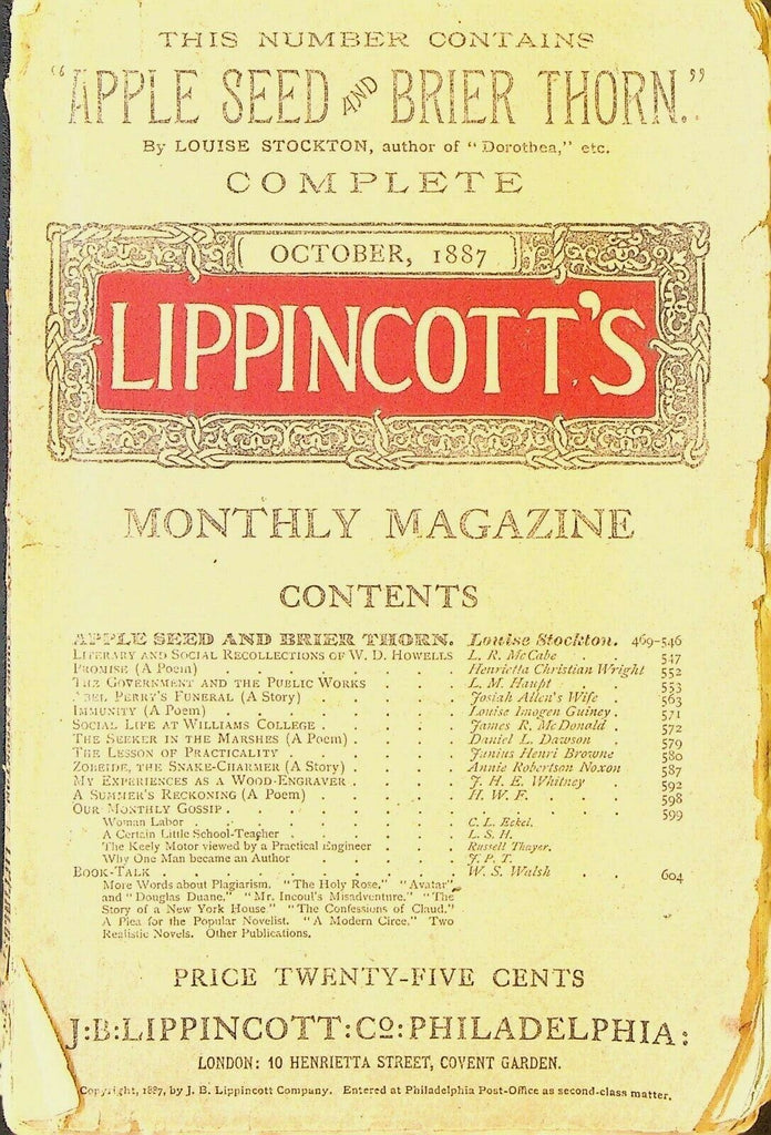 Lippincott's Monthly Magazine October 1887 Louise Stockton Williams College
