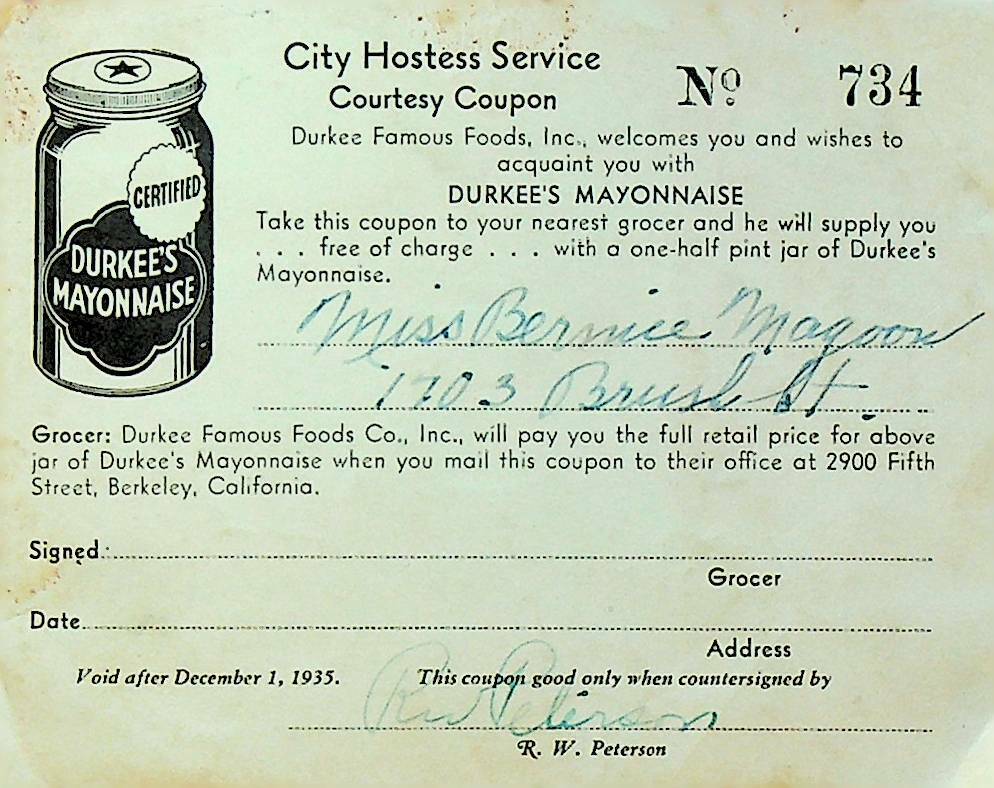 Durkee's Mayonnaise 1935 City Hostess Service Courtesy Card