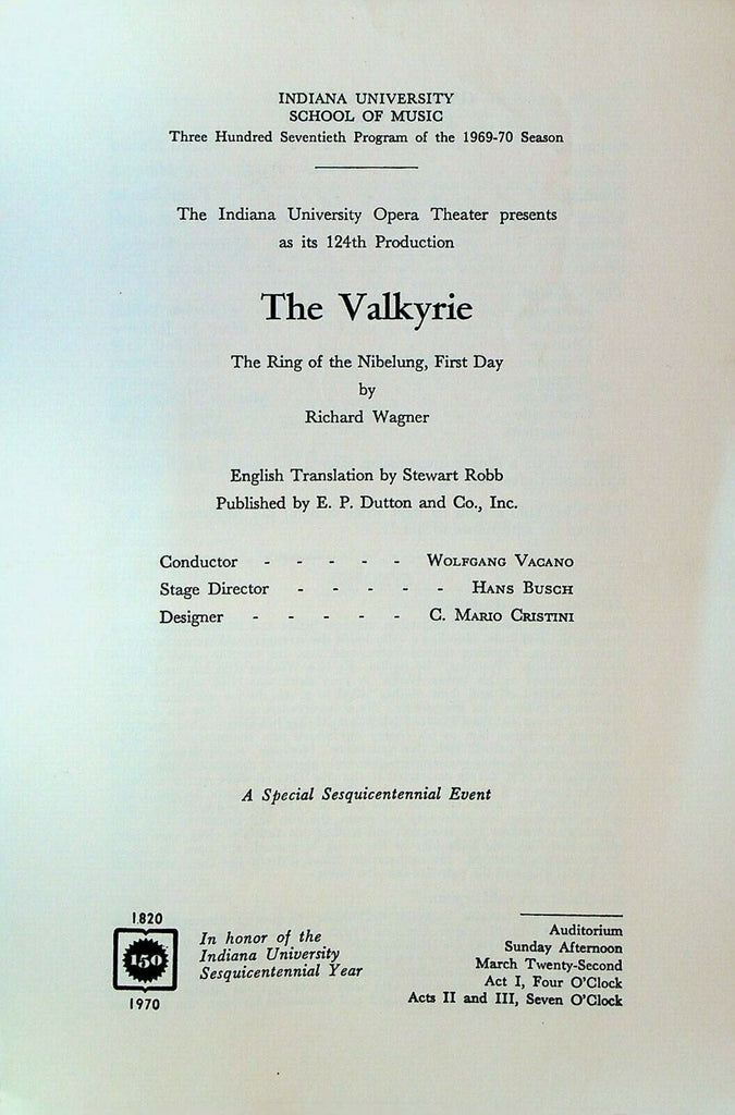 The Valkyrie 1970 Program Indiana University Opera Theater Richard Wagner
