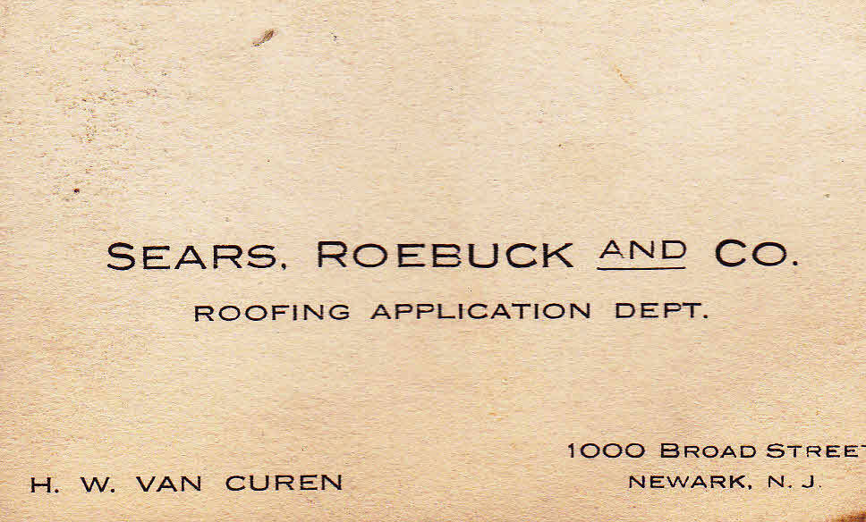 Sears Roebuck & Co Roofing Application Department Business Card Newark NJ