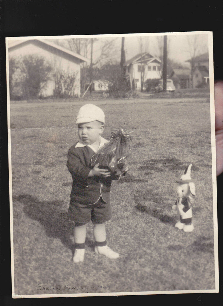 Adorable Boy in Easter clothes w Stuffed Rabbit & Horse 1947 Easter Photo