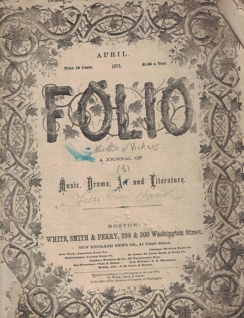 Folio April 1873 A Journal of Music Drama Art & Literature White Smith & Perry
