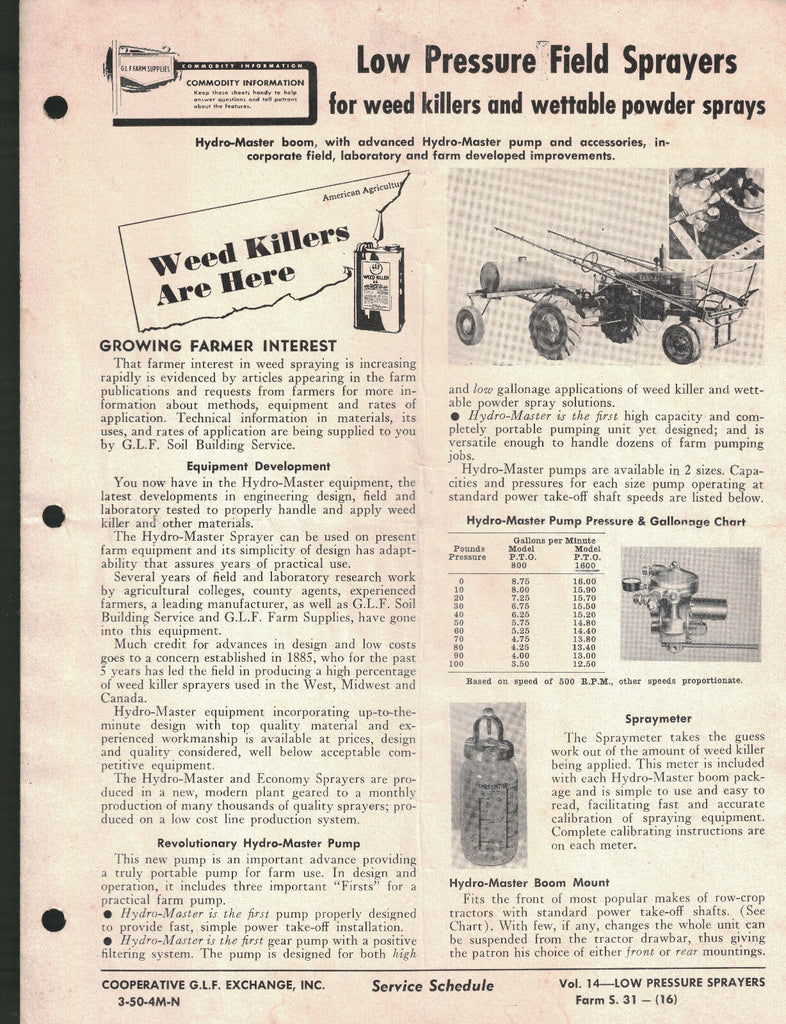 Low Pressure Field Sprayers 1950s Service Schedule
