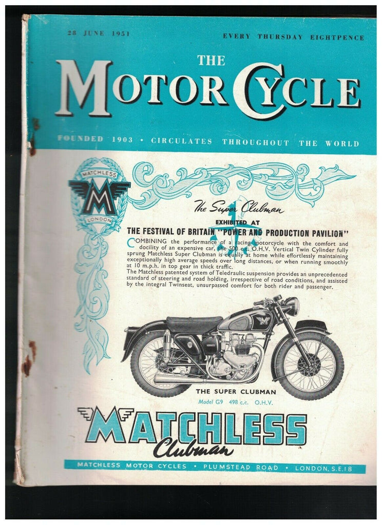 Motor Cycle Magazine June 28 1951 Motorcycle Club News Racing