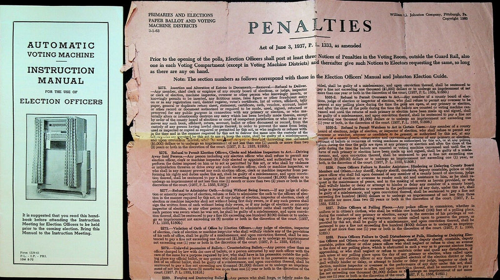 Automatic Voting Machine Instruction Manual 1972 & Penalty Poster