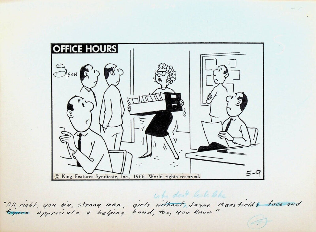 Office Hours by Cy Olson Original Comic Strip Art May 9 1966 Secretary Files