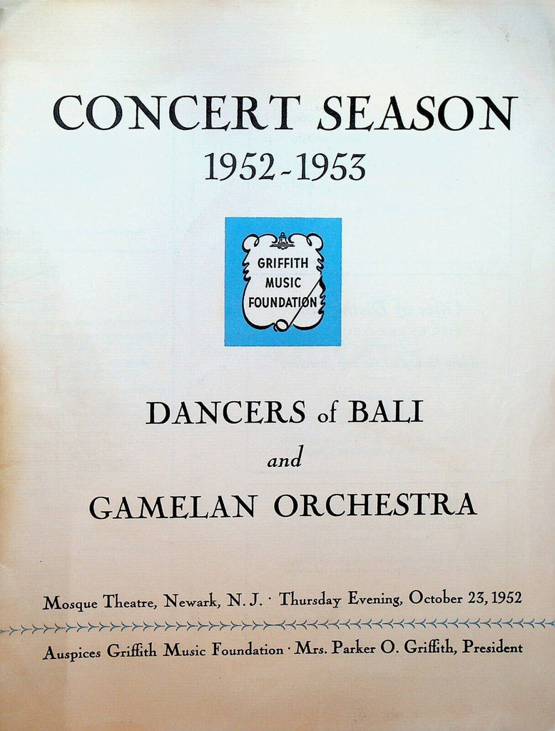 Dancers of Bali & Gamelan Orchestra 1952 Program Newark NJ