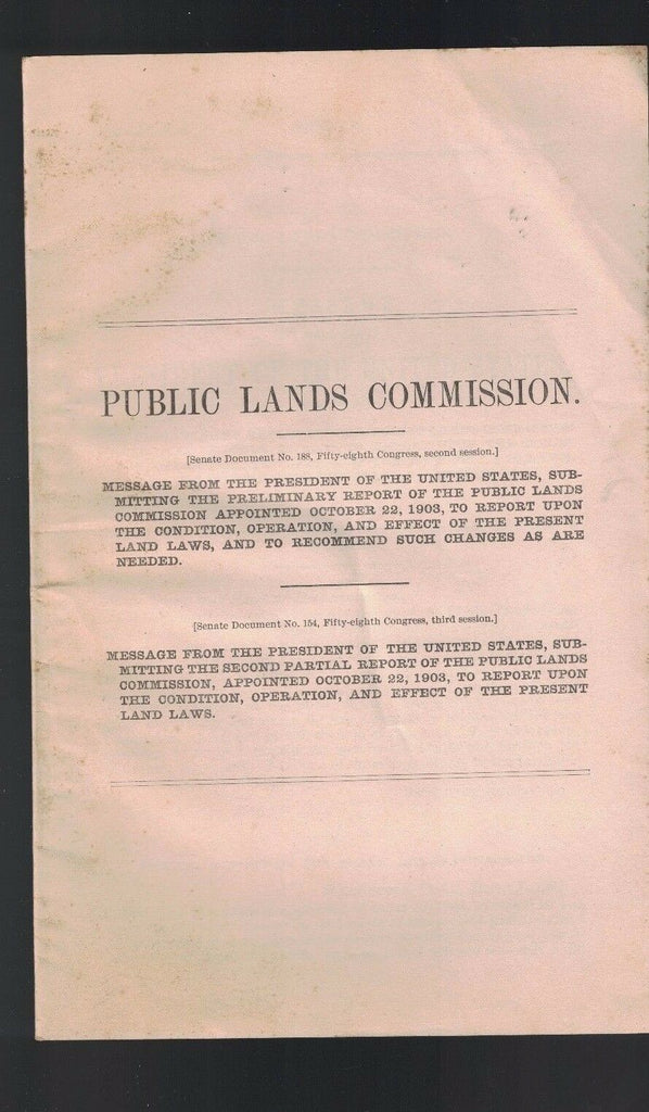 Public Lands Commission Report on Land Laws 1903 Booklet