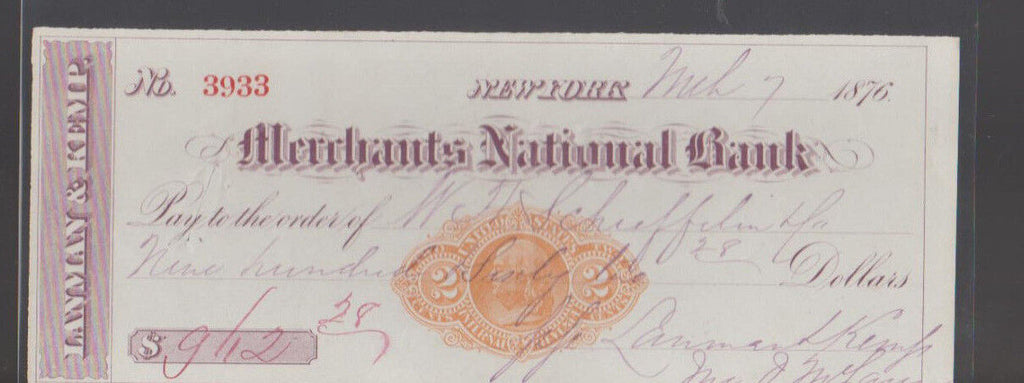 Merchants National Bank New York Used Check 1876