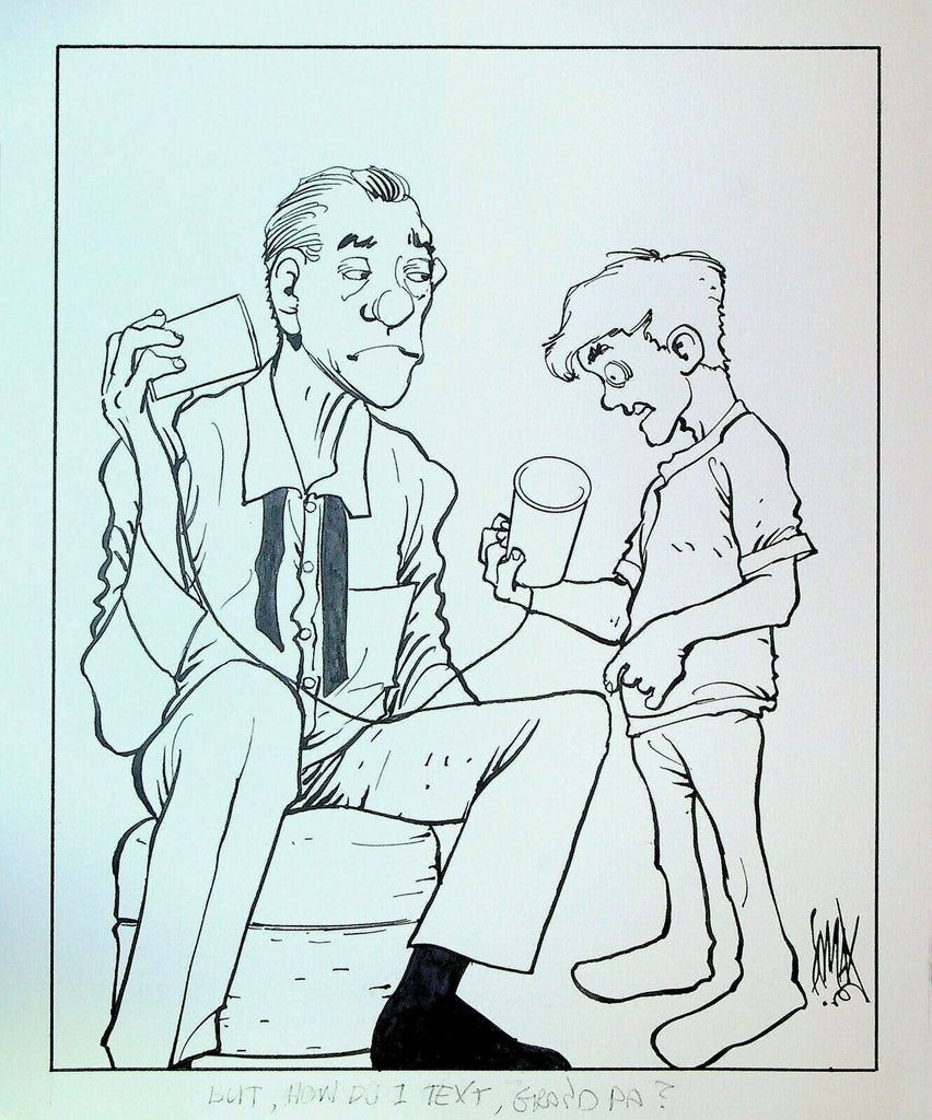 Don Lomax Original Art Gag Two Tin Cans String Phone Texting Grandpa